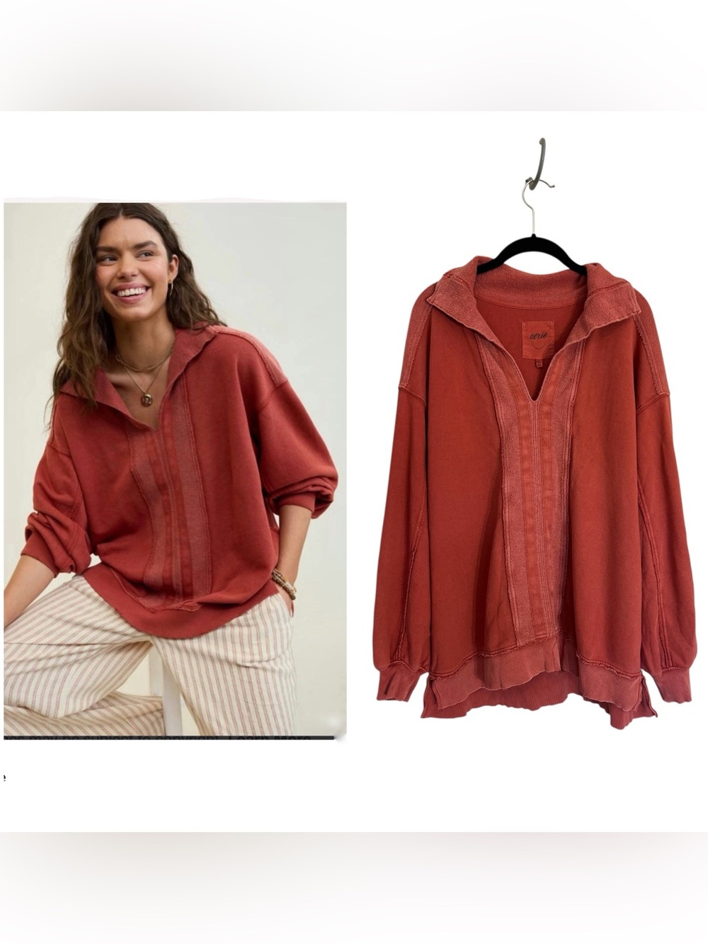 Aerie Starry Skies Open Neck distressed oversized sweatshirt rust red sz M cozy